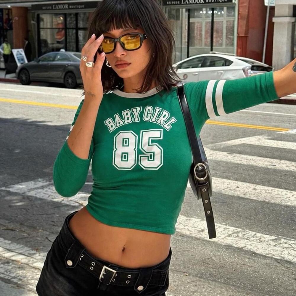 Y2K Baby Girl 85 Green Ringer Tee | Indie Sleaze It Girl Fitted Top Made In USA